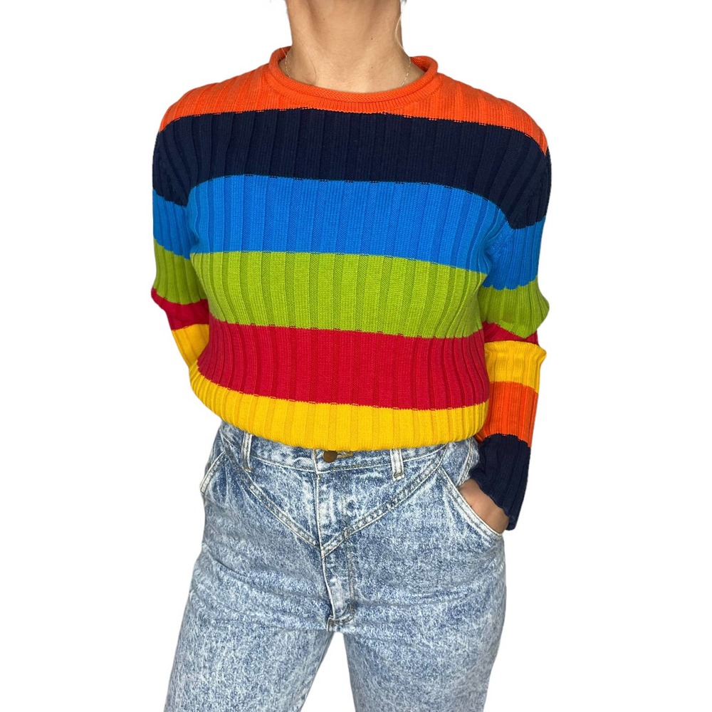 1990s Cotton Rainbow Striped Vintage Crewneck Sweater by Jones New York Sport